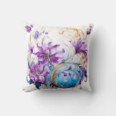 紫とエレガント青のアクセントを持つフローラデザイン クッション (正面)