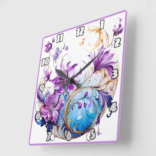 紫とエレガント青のアクセントを持つフローラデザイン スクエア壁時計 (傾斜)