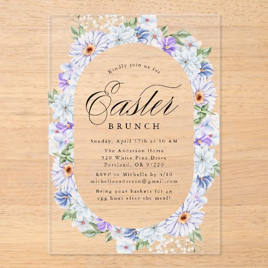 紫とエレガント青のフローライースターブランチ アクリル招待状 (正面)