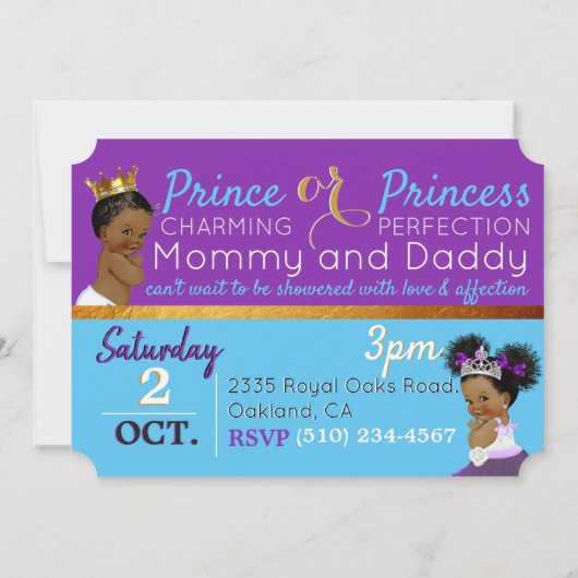 紫とエレガント青を明らかに王室のするアフリカの性別 招待状 (裏面)