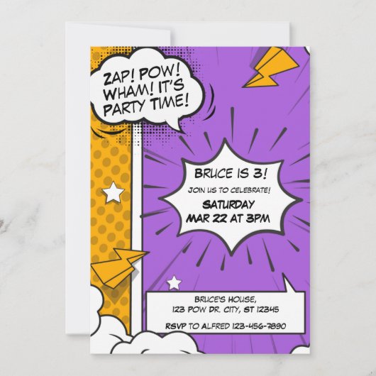 紫とオレンジのコミックスタイルの誕生日招待状 招待状 (正面)