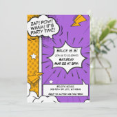 紫とオレンジのコミックスタイルの誕生日招待状 招待状 (スタンド正面)