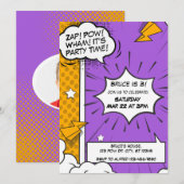 紫とオレンジのコミックスタイルの誕生日招待状 招待状 (正面/裏面)