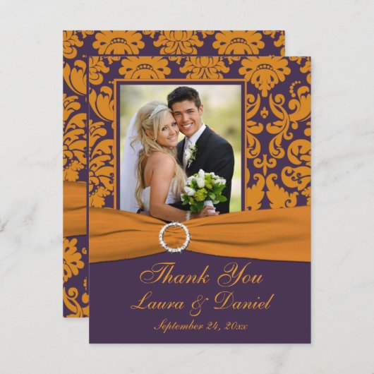 紫とオレンジのダマスクの写真サンキューカード サンキューカード (正面/裏面)