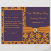 紫とオレンジのダマスクの結婚式プログラム (正面)