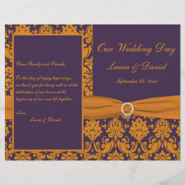 紫とオレンジのダマスクの結婚式プログラム