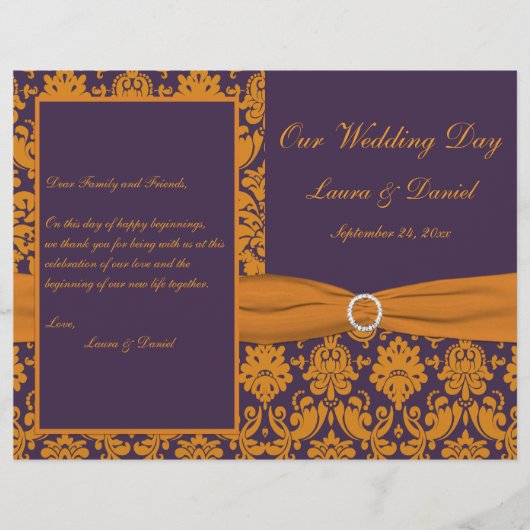 紫とオレンジのダマスクの結婚式プログラム (正面)