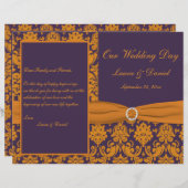 紫とオレンジのダマスクの結婚式プログラム (正面/裏面)