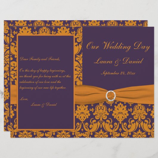 紫とオレンジのダマスクの結婚式プログラム (正面/裏面)