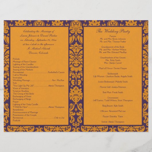 紫とオレンジのダマスクの結婚式プログラム (裏面)