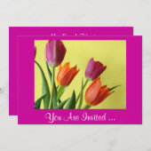 紫とオレンジのチューリップパーティの招待状 招待状 (正面/裏面)