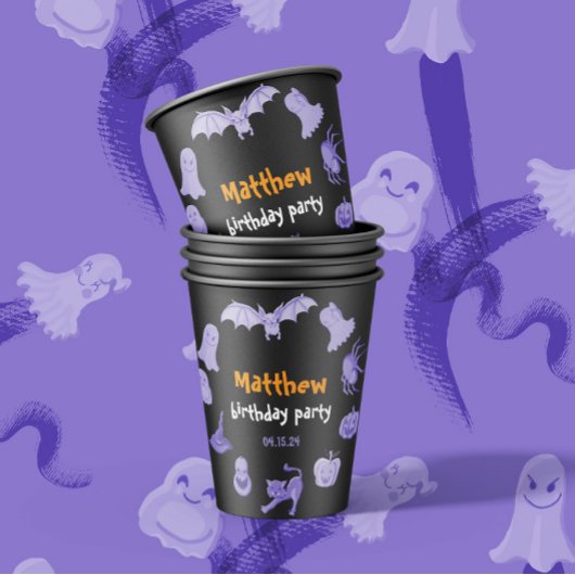 紫とオレンジのハロウィーンをテーマにした誕生日パーティー 紙コップ