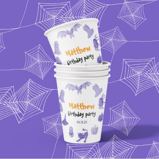 紫とオレンジのハロウィーンをテーマにした誕生日パーティー 紙コップ