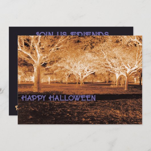 紫とオレンジのハローウィンパーティ怖い森 招待状 (正面/裏面)