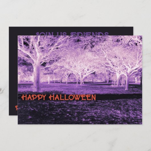 紫とオレンジのハローウィンパーティ怖い森 招待状 (正面/裏面)