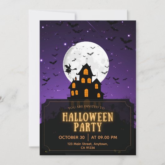 紫とオレンジのハローウィンパーティ 招待状 (正面)