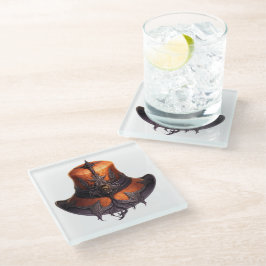 紫とオレンジのビクトリアンハロウィーンハット ガラスコースター