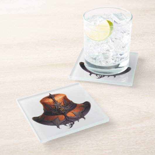 紫とオレンジのビクトリアンハロウィーンハット ガラスコースター (アングル)