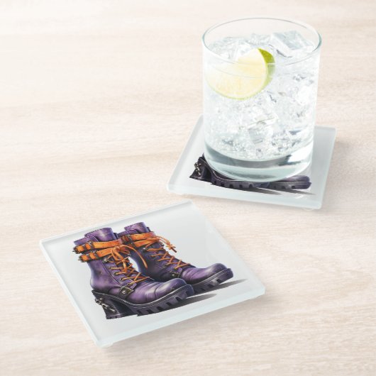 紫とオレンジのビクトリアンハロウィーンブーツ ガラスコースター (アングル)