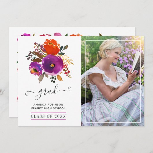 紫とオレンジのフローラ卒業写真 案内状 (正面/裏面)