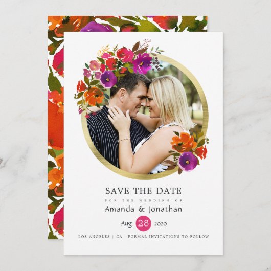 紫とオレンジのフローラ結婚の写真 セーブザデート (正面/裏面)