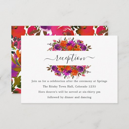 紫とオレンジのフローラ結婚式レセプション エンクロージャーカード (正面/裏面)