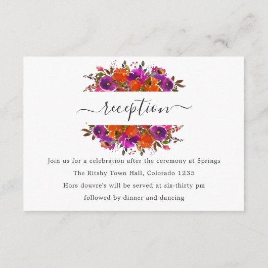 紫とオレンジのフローラ結婚式レセプション エンクロージャーカード (正面)