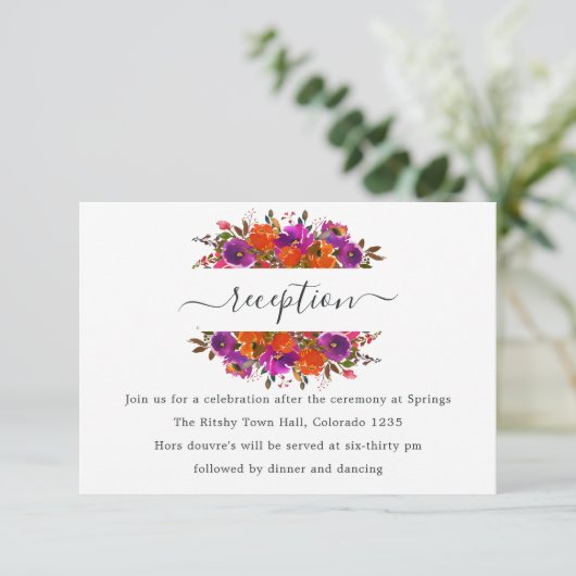 紫とオレンジのフローラ結婚式レセプション エンクロージャーカード (スタンド正面)