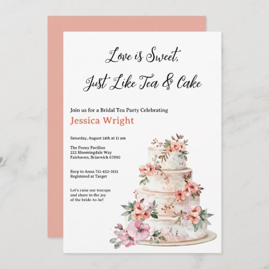 紫とオレンジのフローラ階層化ケーキブライダルシャワー 招待状 (正面/裏面)