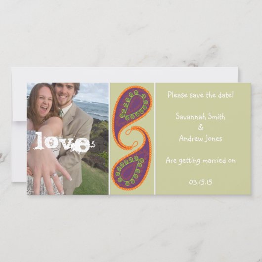 紫とオレンジのペイズリー写真の日付を保存 セーブザデート (正面)