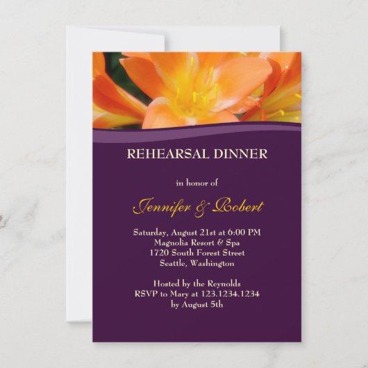 紫とオレンジのリハーサルディナーパーティー 招待状 (正面)