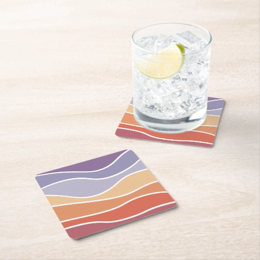 紫とオレンジのレトロなスタイル波 スクエアペーパーコースター (インサイチュ)