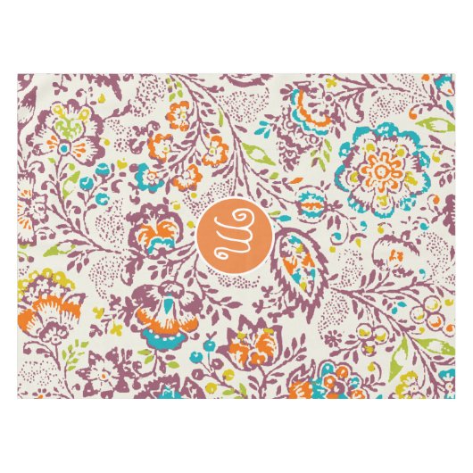 紫とオレンジのヴィンテージ花柄 テーブルクロス (正面(横))