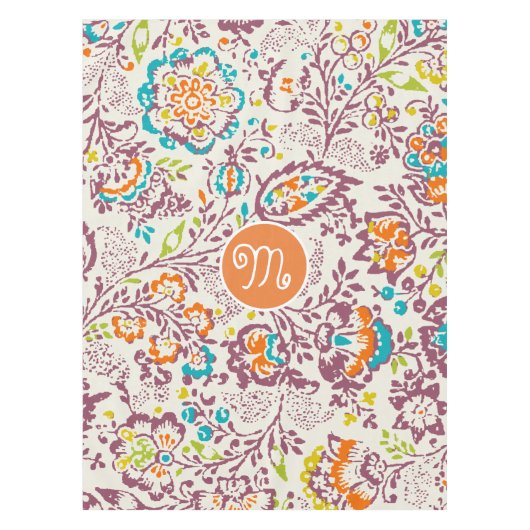 紫とオレンジのヴィンテージ花柄 テーブルクロス (正面)