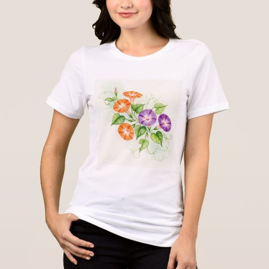 紫とオレンジの朝顔の花 トライブレンドTシャツ (正面)