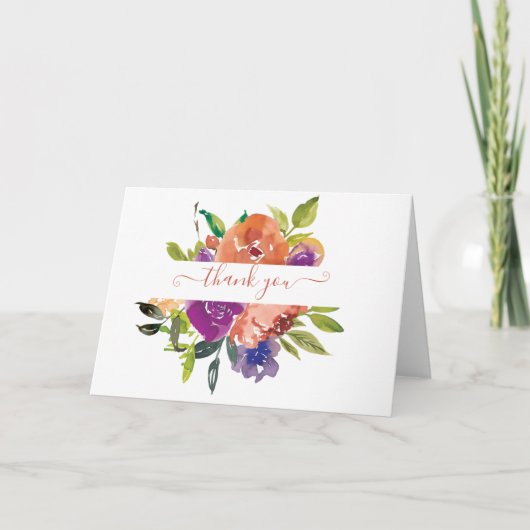 紫とオレンジの水彩花柄のパーソナライズされたもの サンキューカード (正面)