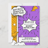 紫とオレンジの漫画誕生日招待状 招待状 (正面)