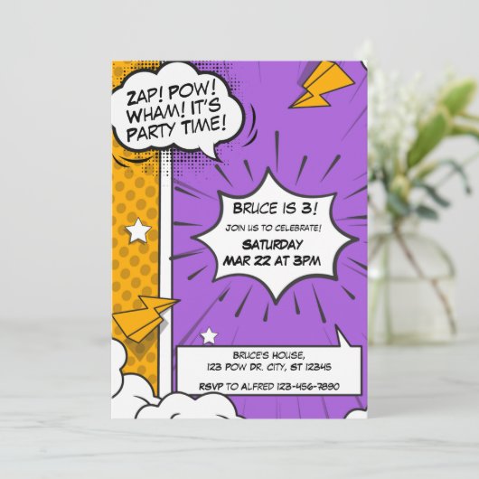 紫とオレンジの漫画誕生日招待状 招待状 (スタンド正面)