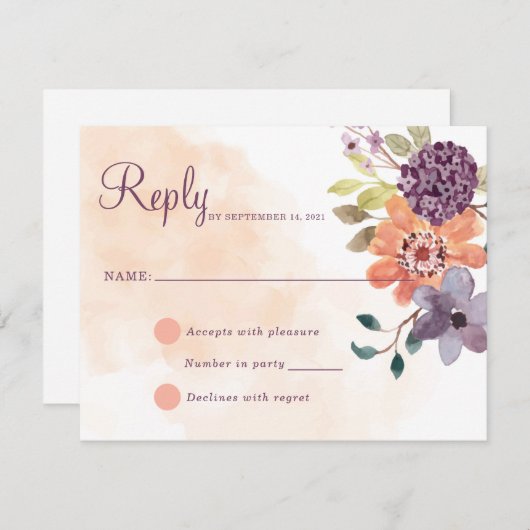 紫とオレンジの秋フローラ秋の返信 出欠カード (正面/裏面)