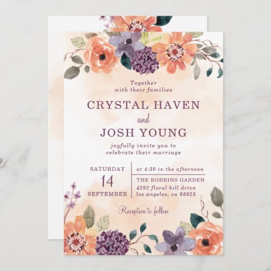 紫とオレンジの秋フローラ秋結婚の 招待状 (正面/裏面)