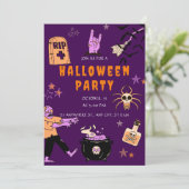 紫とオレンジの邪悪なかわいいハローウィンパーティ 招待状 (スタンド正面)