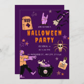 紫とオレンジの邪悪なかわいいハローウィンパーティ 招待状 (正面/裏面)