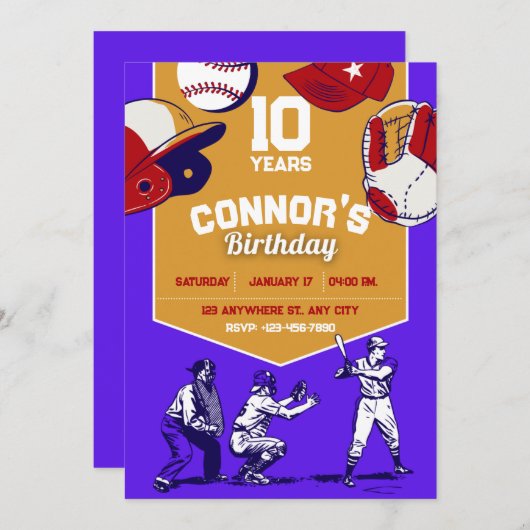 紫とオレンジの野球の誕生日パーティー 招待状 (正面/裏面)