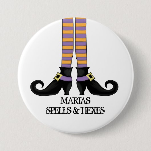 紫とオレンジの靴とウィムシーストライプ魔女 缶バッジ (正面)