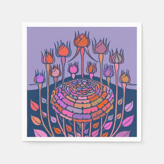 紫とカラフル青のヴィンテージフローラアート スタンダードカクテルナプキン (正面)