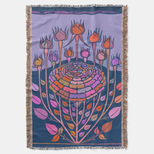 紫とカラフル青のヴィンテージフローラアート スローブランケット (正面縦)