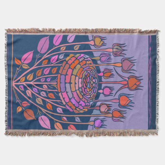 紫とカラフル青のヴィンテージフローラアート スローブランケット (正面)