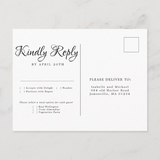 紫とクリームのフローラ結婚式RSVP食事の選択肢 インビテーションポストカード (裏面)