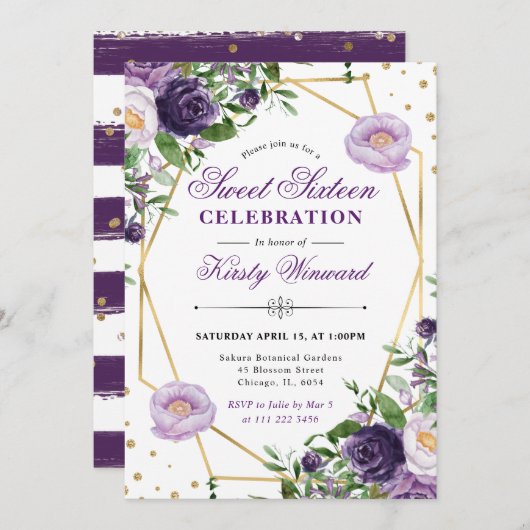 紫とクリームの春の花フレーム甘い16 招待状 (正面/裏面)