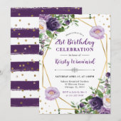 紫とクリームの春の花フレーム誕生日 招待状 (正面/裏面)